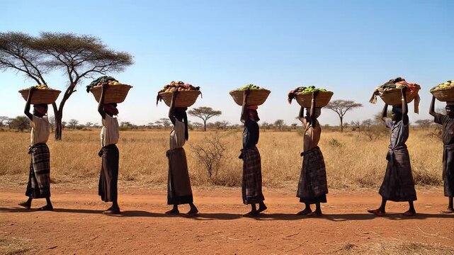 African Women Carrying Produce Baskets on Heads Walking in Arid Landscape