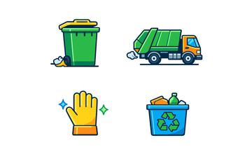 Collection of waste management tools showing a trash bin, garbage truck, gloves, and recycling bin with items to promote cleanliness and environmental care