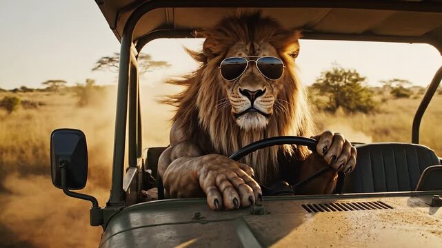 Lion wearing glasses confidently driving a safari jeep across the african savannah, muscular body and flowing mane, humorous surreal wildlife motion video