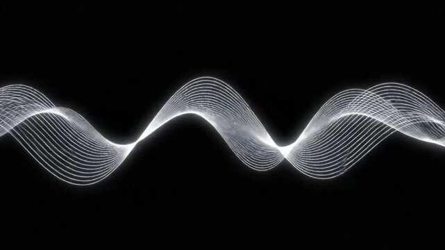 Minimalist abstract animation of thin white wavy lines moving across a black surface, harmonious rhythm, seamless loop, modern graphic background.