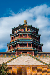 The iconic building of the Buddhist Incense Pavilion in the Royal Garden of Summer Palace in Beijing, China