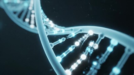 Minimalist DNA visualization with soft glowing helix structure, dark atmospheric background, clean biotech and healthcare concept, smooth cinematic motion - Powered by Adobe