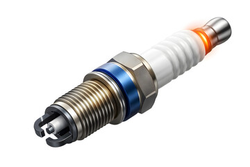 A close-up view of a spark plug with a glowing orange tip on a white background