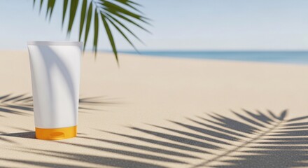 Obraz premium Sunscreen tube Mockup on sandy beach with palm leaf shadow with copy space
