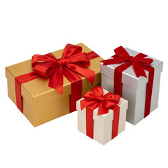 Fototapeta premium Three elegantly wrapped gift boxes with red ribbons, including gold, silver, and cream colors, isolated on white.