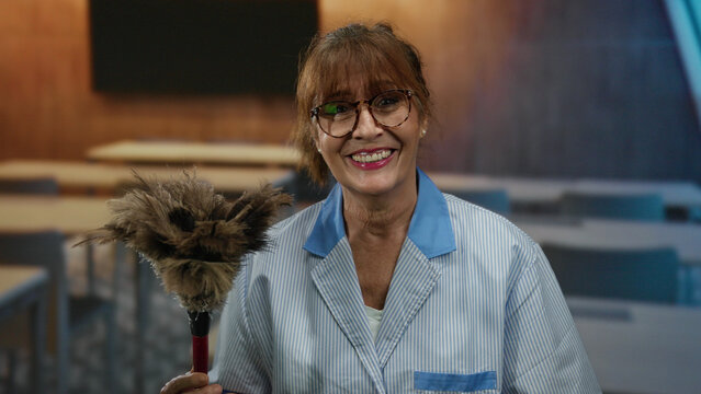 Woman cleaning a classroom with a duster, smiling senior hispanic cleaner indoors.