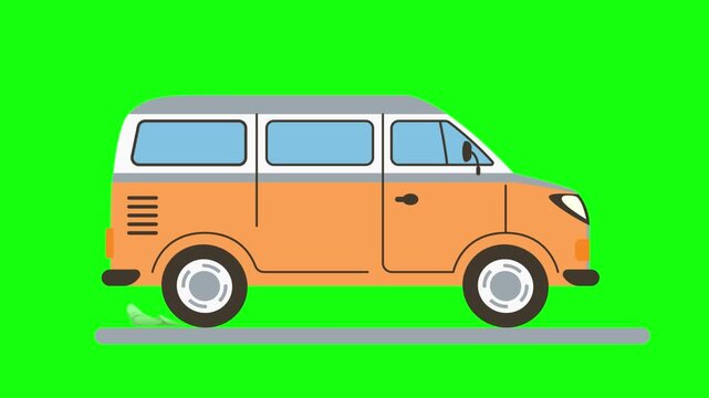 2D animation of a bus driving, a moving yellow minivan, shots on a green screen. Cargo and food delivery. Looping animation.
