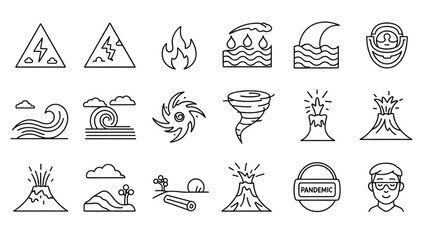 Collection of natural disaster icons, including volcanoes and storms, in a simple line art style © Human Diversity