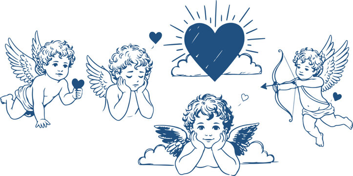 Hand drawn cupid and cherub vector illustration set with hearts, bows and romantic symbols for Valentine&rsquo;s Day design eps