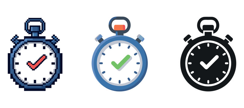 Three stopwatch icons featuring checkmarks in pixel, flat, and solid styles