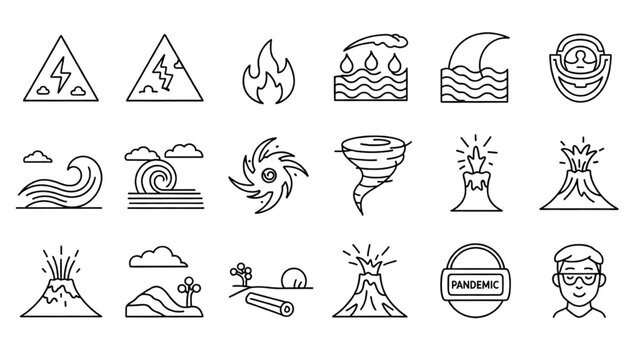 Collection of natural disaster icons, including volcanoes and storms, in a simple line art style