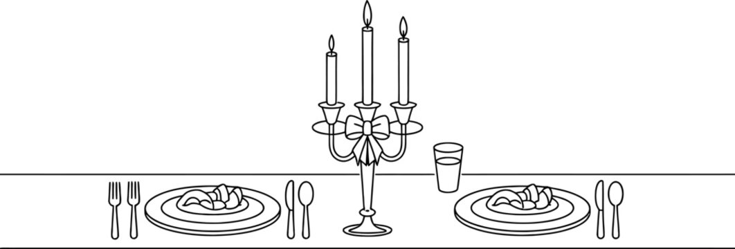 Elegant hand-drawn illustration of a romantic dinner table setting for two, showcasing a classic candelabra centerpiece, complete place settings, and prepared meal, ideal for various design projects