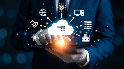 A man in a suit holding a tablet displays a cloud computing network with connected servers computer globe and CPU icons signifying digital transformation and connectivity technology data