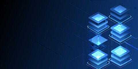 Abstract blue geometric design with stacked glowing cubes and connecting lines © Apurba