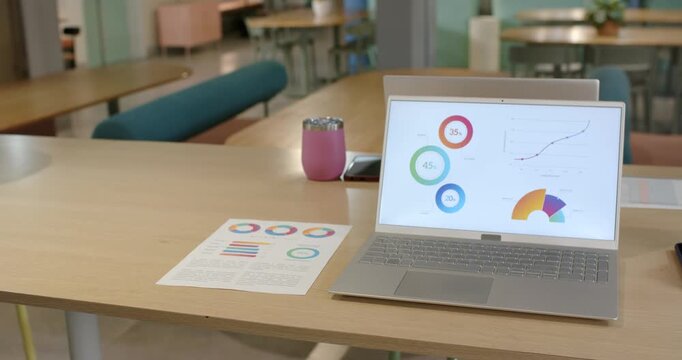 Camera is sliding forward and right, bringing open silver laptop closer on table, showing charts