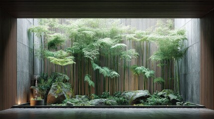 Contemporary interior space features a lush vertical garden with bamboo and natural stone elements