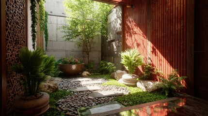 Sunlight streams into a serene courtyard garden featuring stone, wood, and lush greenery