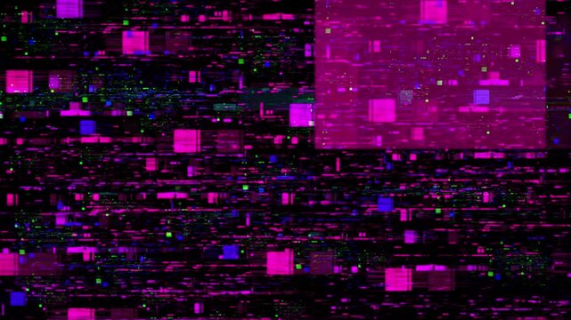 Glitch. Abstract glitch effect video with digital distortion, RGB shift, noise flickering artifacts. For transitions, backgrounds, intros, motion graphics, cyber themes, music visuals, social media