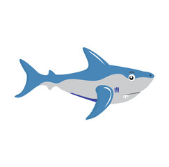 Illustration of a shark swimming in the ocean viewed from the side with fins and sharp teeth visible