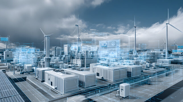 Smart city energy management industrial microgrid with wind turbine networked control panels and digital interfaces for demand optimization