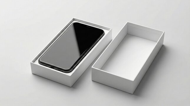 New smartphone in open box,minimalist packaging concept for mobile technology and electronics product presentation