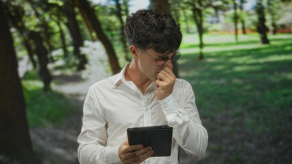 Young man pinching nose while holding a tablet in forest amid dappled trees and sunlight  disgust smell. © Krakenimages.com