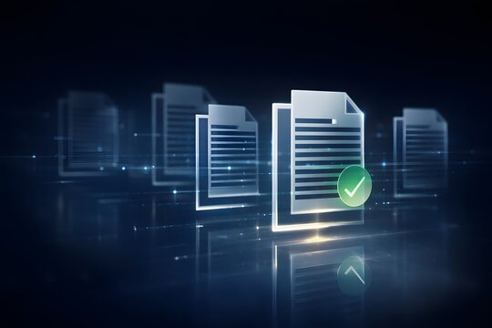 Digital documents with green checkmark approval on dark background, futuristic data validation