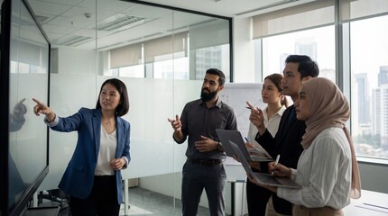 Diverse team of professionals collaborating in a modern office pointing at a large interactive screen during a business meeting discussing strategy with enthusiasm and engagement