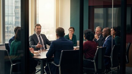 Diverse group of professionals in a modern boardroom engaged in a serious business meeting with a focused male leader at the head of the table illuminated by soft natural light