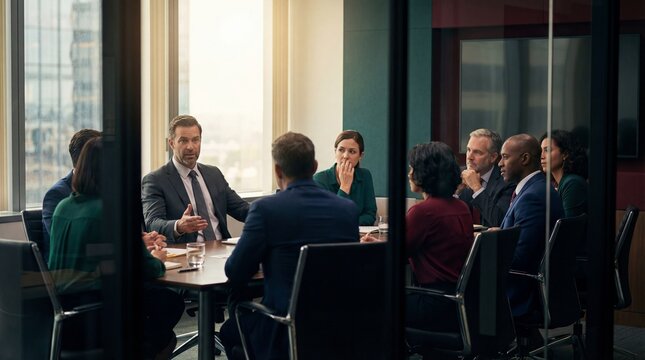 Diverse group of professionals in a modern boardroom engaged in a serious business meeting with a focused male leader at the head of the table illuminated by soft natural light