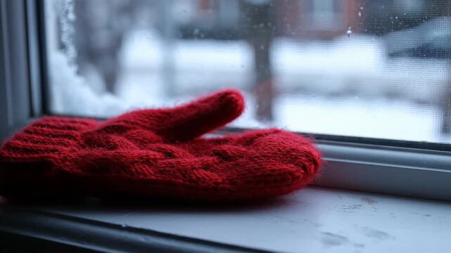Red knitted mitten resting on a snowy windowsill
