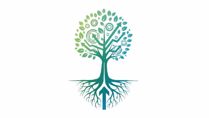 Fototapeta premium Conceptual logo of a tree with roots, where the canopy contains gears and growing arrows, symbolizing sustainable growth and green technology.