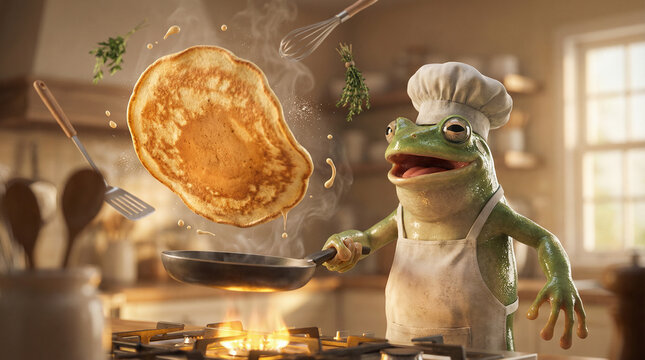 Funny anthropomorphic frog chef in toque expertly flips fluffy pancake high above flaming stove with whisk in sunny kitchen