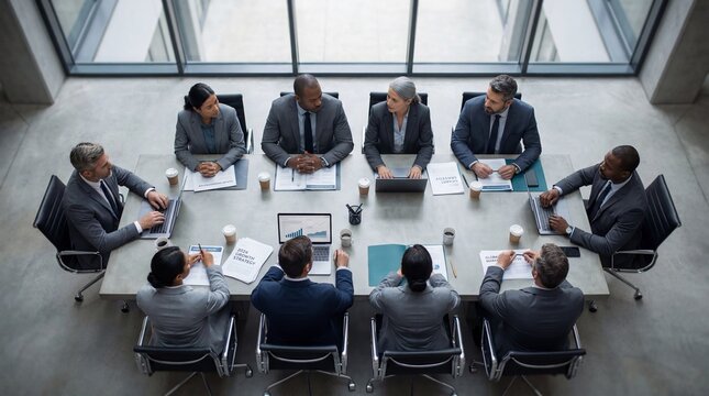 High angle view of diverse business professionals in a modern boardroom engaged in strategic discussion around a long table with laptops and documents fostering collaboration