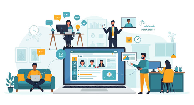 People working remotely and collaborating online using digital platforms and video conferencing tools.
