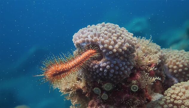 a bristle worm (Polychaeta) has set up home within the coral.

