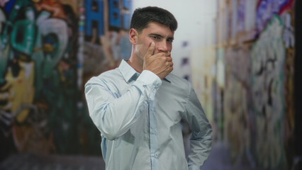 Fototapeta premium Young hispanic man covering mouth with hand stands before colorful graffiti wall on urban street; anxiety concern.