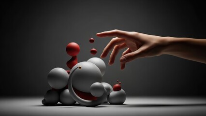 hand reaching for a pile of white and red balls on a gray surface