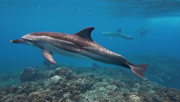 Close up of the spinner dolphin (Stenella longirostris) swim underwater in the Pacific ocean, off the coast of Costa Rica, Central America
