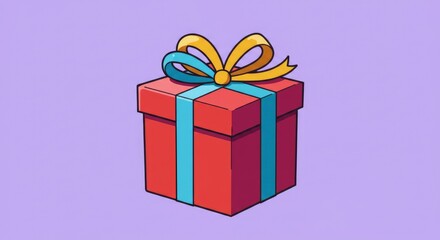 Obraz premium A vibrant red gift box adorned with a teal ribbon and a colorful bow on a soft purple background