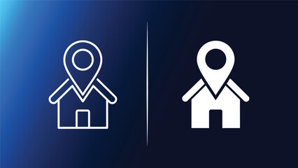 House location icons with map pin on gradient blue background for real estate and navigation concepts