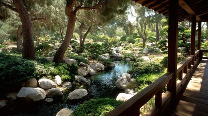 Elevated wooden walkway overlooks tranquil pond nestled within a lush, carefully cultivated natural sanctuary