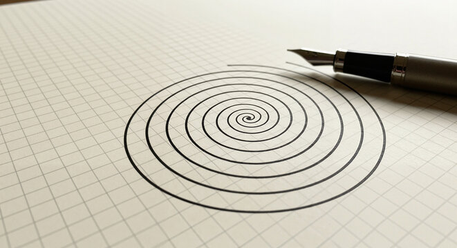Hand-drawn spiral curve on grid paper with fountain pen   - Powered by Adobe