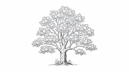 Detailed black and white ink sketch of a large oak tree with a full, leafy canopy and a thick, sturdy trunk rooted in grass.