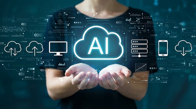 A person's cupped hands supporting a luminous cloud icon displaying 'AI' amidst a digital network of technology symbols and data streams artificial intelligence cloud computing innovation - Powered by Adobe