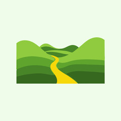 Serene landscape with a winding yellow path through green hills. © AZ Zhaf