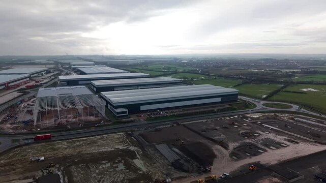 Northampton, United Kingdom - 17 January 2026: Aerial view of the Royal Mail Midlands Super Hub showing construction and the large distribution warehouses.
