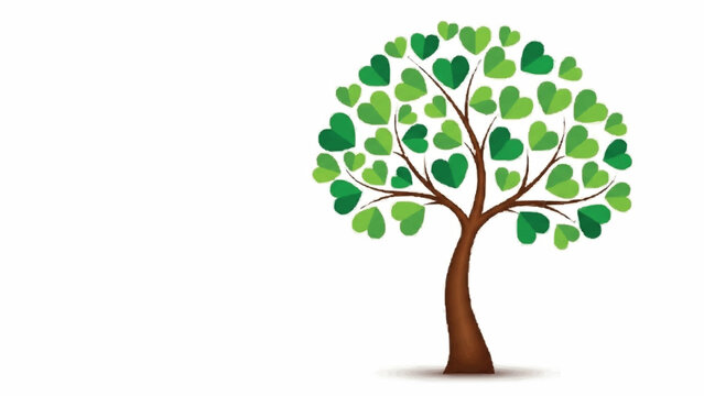 Charming illustration of a tree with a full canopy made of many small, green, heart-shaped leaves, symbolizing love for nature and life.