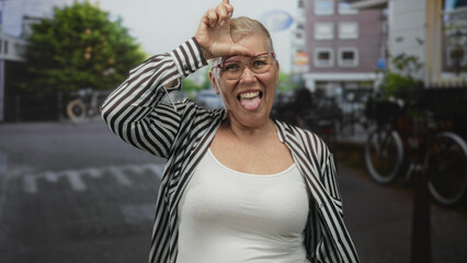 Fototapeta premium Woman showing bare chest, sticking tongue out and making an l sign with her hand on her forehead on a busy city street; cheeky defiance.