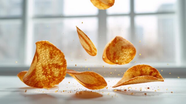 Golden crisps tumbling through air with tiny crumbs scattering